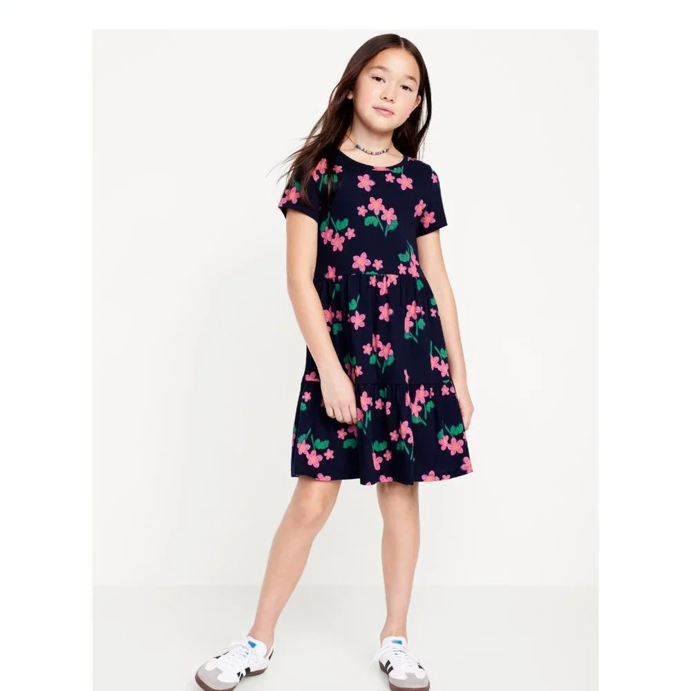 Old Navy Short-Sleeve Tiered Swing Dress for Girls in Navy Floral